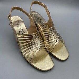 1960s‎ Vintage Socialite MOD Gold Metallic Block Heel Shoes Slingbacks Size 9 N